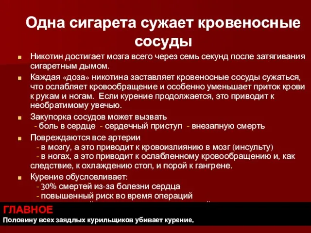 Никотин достигает мозга всего через семь секунд после затягивания сигаретным дымом. Каждая