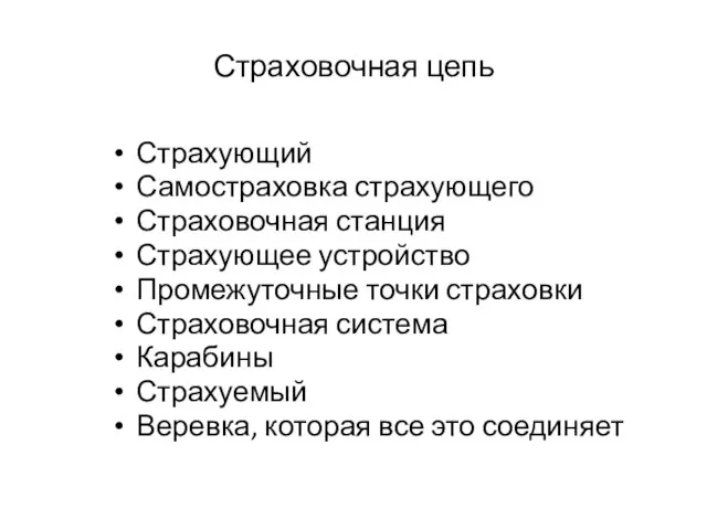 Страховочная цепь Страхующий Самостраховка страхующего Страховочная станция Страхующее устройство Промежуточные точки страховки