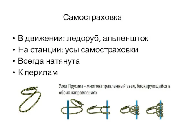 Самостраховка В движении: ледоруб, альпеншток На станции: усы самостраховки Всегда натянута К перилам