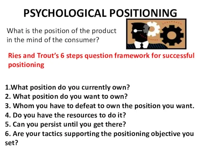 PSYCHOLOGICAL POSITIONING What is the position of the product in the mind