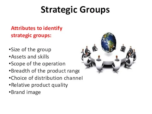 Strategic Groups Attributes to identify strategic groups: Size of the group Assets