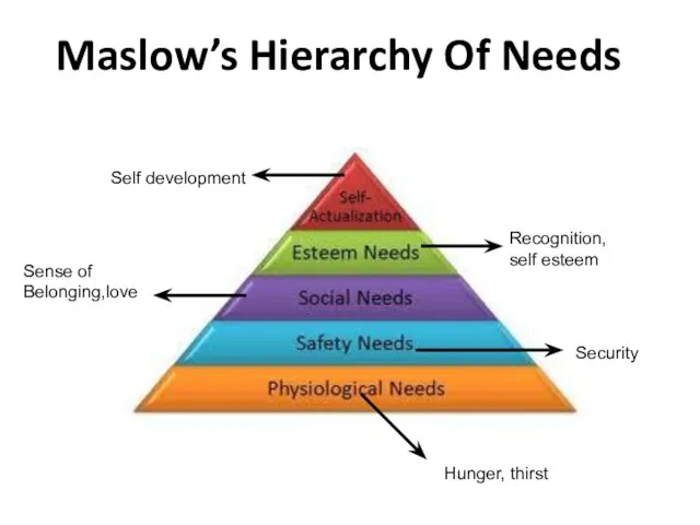 Maslow’s Hierarchy Of Needs Hunger, thirst Security Sense of Belonging,love Recognition, self esteem Self development