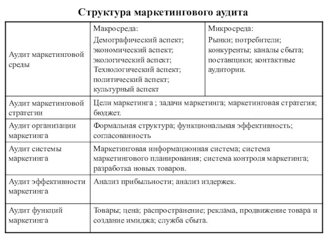 Структура маркетингового аудита