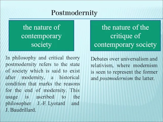 In philosophy and critical theory postmodernity refers to the state of society