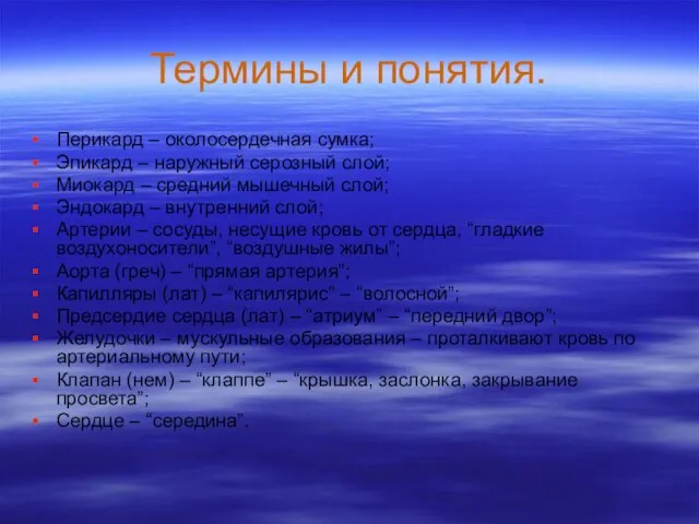 Термины и понятия. Перикард – околосердечная сумка; Эпикард – наружный серозный слой;