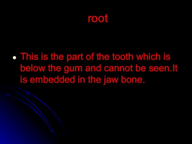 root This is the part of the tooth which is below the