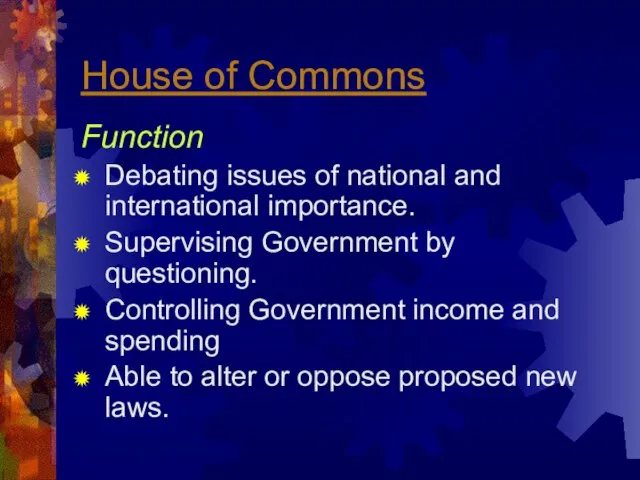 House of Commons Function Debating issues of national and international importance. Supervising