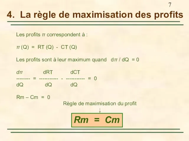 4. La règle de maximisation des profits Les profits π correspondent à