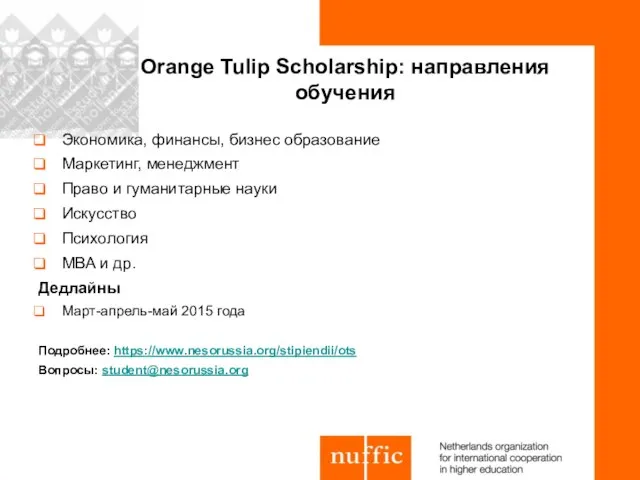Orange Tulip Scholarship: направления обучения Экономика, финансы, бизнес образование Маркетинг, менеджмент Право