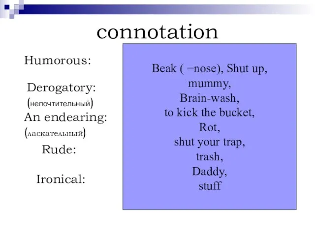 connotation Humorous: Derogatory: (непочтительный) An endearing: (ласкательный) Rude: Ironical: Beak ( =nose),