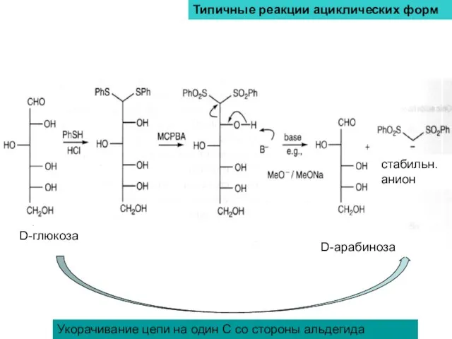Типичные реакции ациклических форм Укорачивание цепи на один С со стороны альдегида D-глюкоза D-арабиноза стабильн. анион