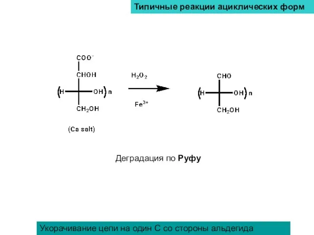 Типичные реакции ациклических форм Деградация по Руфу Укорачивание цепи на один С со стороны альдегида