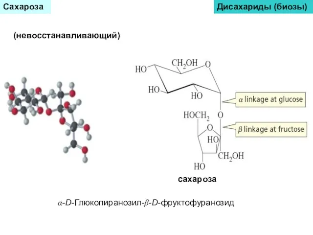 Сахароза Дисахариды (биозы) (невосстанавливающий) α-D-Глюкопиранозил-β-D-фруктофуранозид сахароза