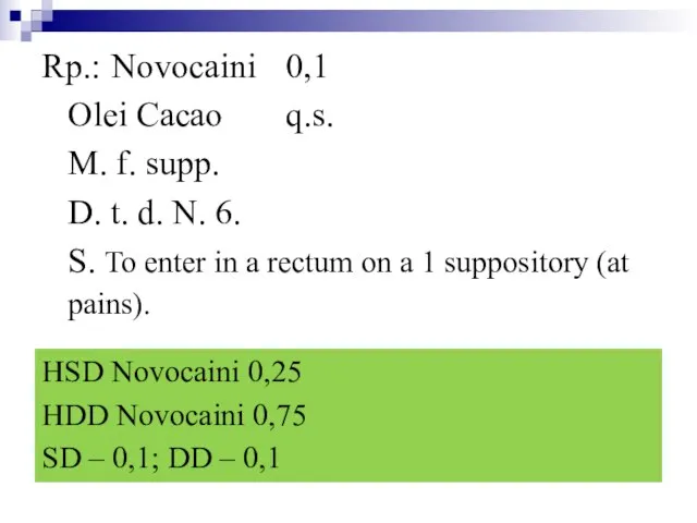 Rp.: Novocaini 0,1 Olei Cacao q.s. M. f. supp. D. t. d.