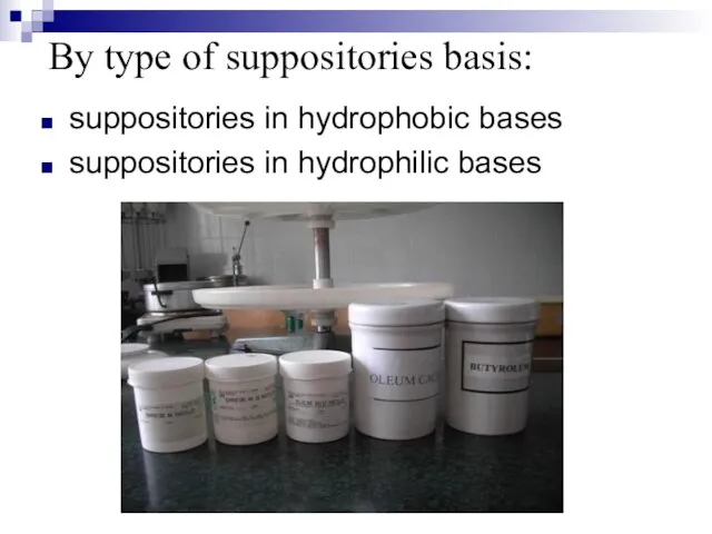 By type of suppositories basis: suppositories in hydrophobic bases suppositories in hydrophilic bases