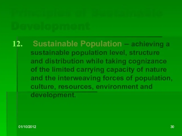 01/10/2012 Principles of Sustainable Development Sustainable Population – achieving a sustainable population
