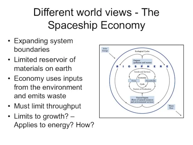 Different world views - The Spaceship Economy Expanding system boundaries Limited reservoir