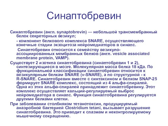 Синаптобревин Синаптобревин (англ. synaptobrevin) — небольшой трансмембранный белок секреторных везикул; - компонент