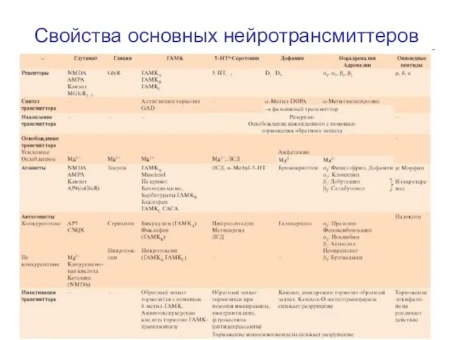 Свойства основных нейротрансмиттеров