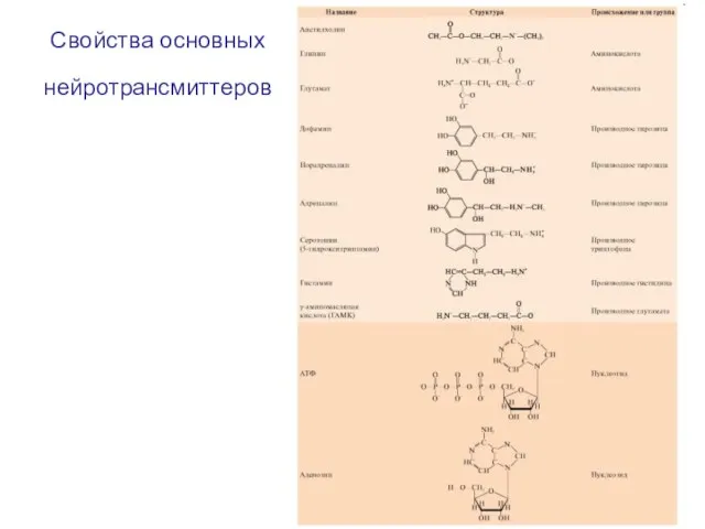 Свойства основных нейротрансмиттеров