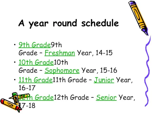 A year round schedule 9th Grade9th Grade – Freshman Year, 14-15 10th