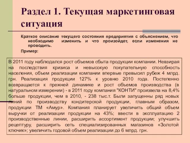 Раздел 1. Текущая маркетинговая ситуация Краткое описание текущего состояния предприятия с объяснением,