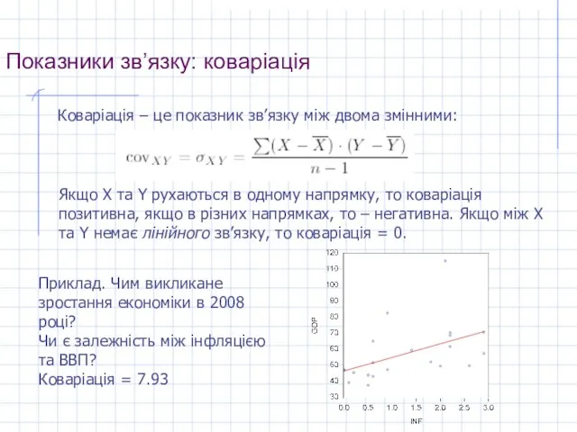 Показники зв’язку: коваріація Коваріація – це показник зв’язку між двома змінними: Якщо