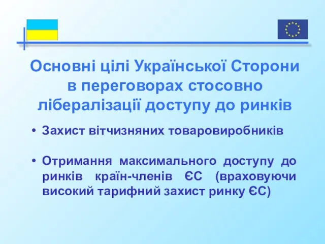 Основні цілі Української Сторони в переговорах стосовно лібералізації доступу до ринків Захист