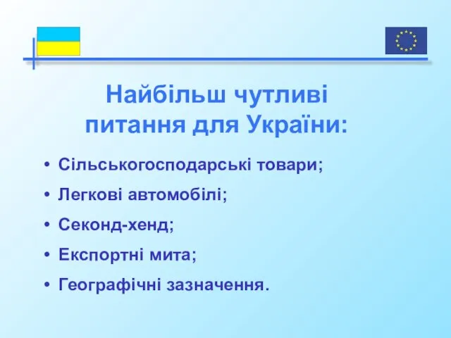 Сільськогосподарські товари; Легкові автомобілі; Секонд-хенд; Експортні мита; Географічні зазначення. Найбільш чутливі питання для України: