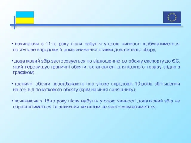 починаючи з 11-го року після набуття угодою чинності відбуватиметься поступове впродовж 5