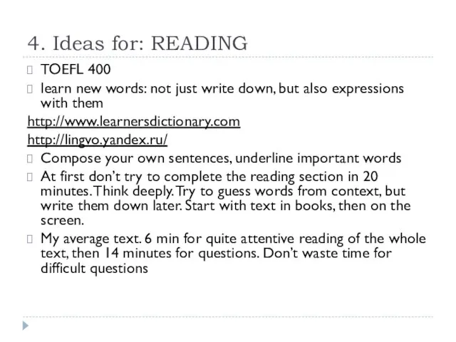 4. Ideas for: READING TOEFL 400 learn new words: not just write