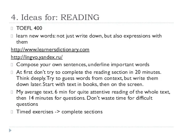 4. Ideas for: READING TOEFL 400 learn new words: not just write