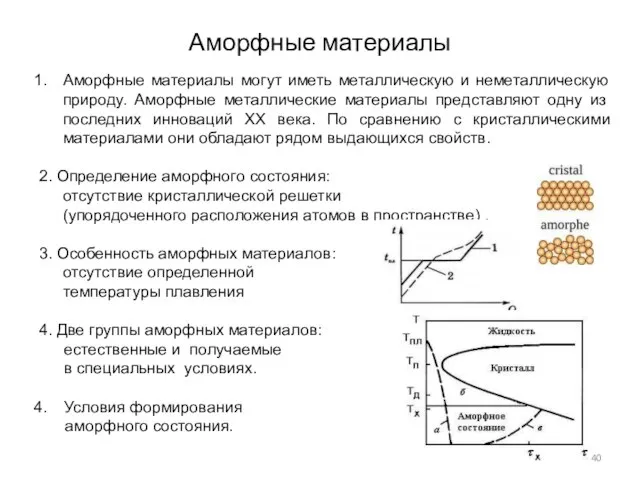 Аморфные материалы Аморфные материалы могут иметь металлическую и неметаллическую природу. Аморфные металлические