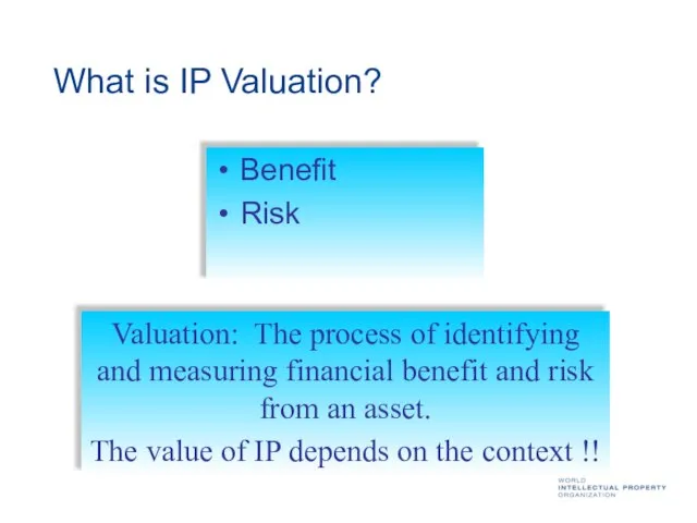 What is IP Valuation? Benefit Risk Valuation: The process of identifying and