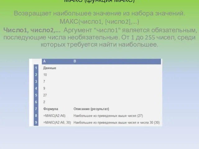 МАКС (функция МАКС) Возвращает наибольшее значение из набора значений. МАКС(число1, [число2],...) Число1,