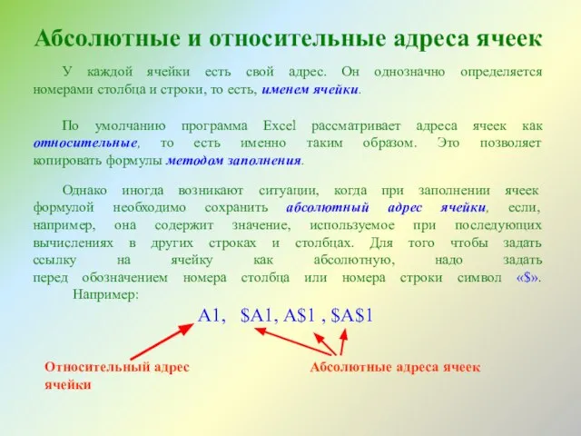 Абсолютные и относительные адреса ячеек У каждой ячейки есть свой адрес. Он