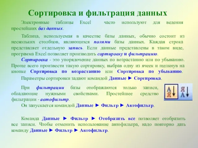 Сортировка и фильтрация данных Электронные таблицы Excel часто используют для ведения простейших