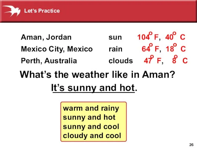_______________ What’s the weather like in Aman? It’s sunny and hot. warm