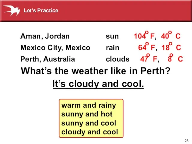 _________________ What’s the weather like in Perth? It’s cloudy and cool. warm