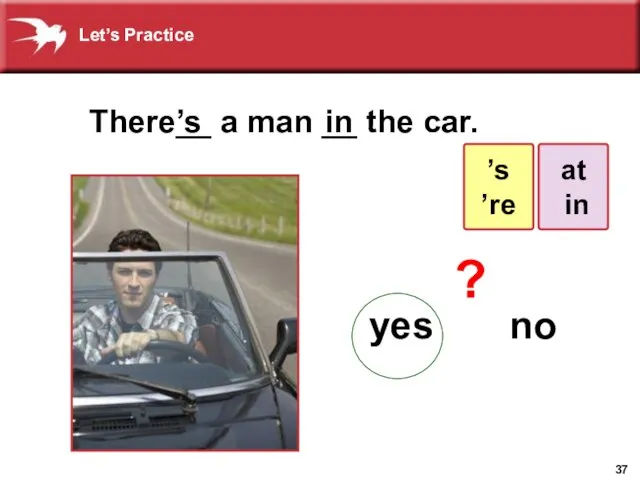 There__ a man __ the car. ’s yes no in ? at