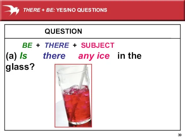 QUESTION (a) Is there any ice in the glass? BE + THERE