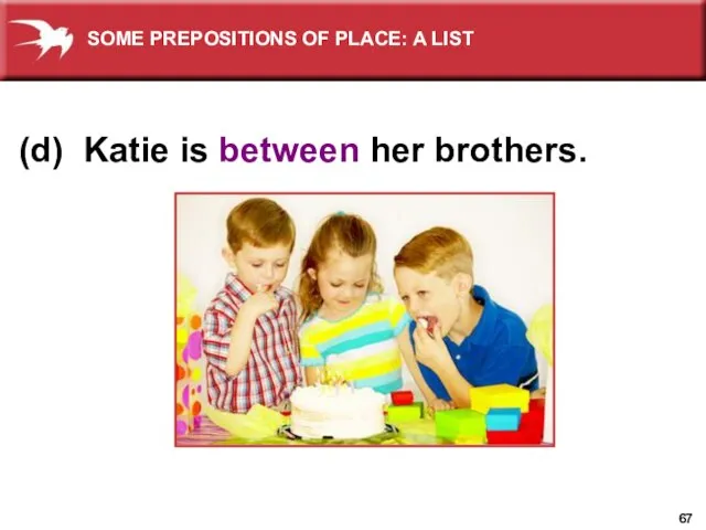 (d) Katie is between her brothers. SOME PREPOSITIONS OF PLACE: A LIST