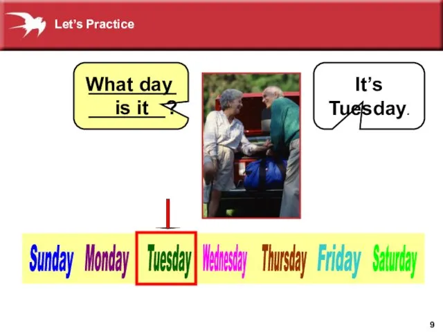 Sunday Monday Tuesday Wednesday Thursday Friday Saturday It’s Tuesday. What day is it _______________? Let’s Practice