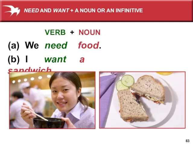 (a) We need food. VERB + NOUN (b) I want a sandwich.