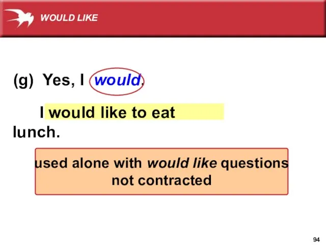 I would like to eat lunch. (g) Yes, I would. used alone