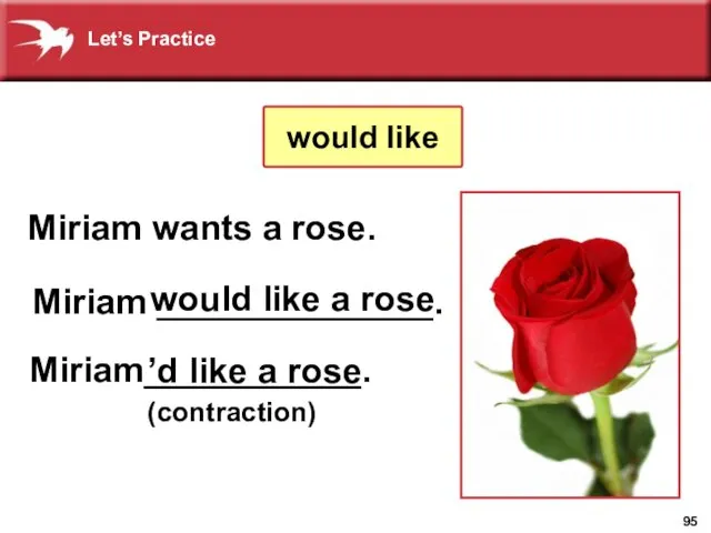 Miriam wants a rose. Miriam ______________. (contraction) would like a rose Miriam___________.