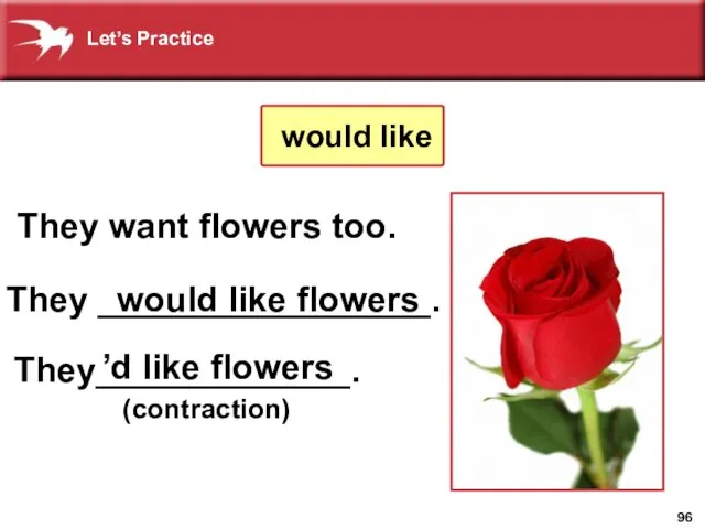 They want flowers too. They _________________. (contraction) would like flowers They_____________. ’d