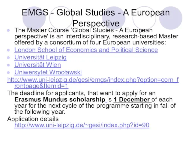 EMGS - Global Studies - A European Perspective The Master Course ‘Global