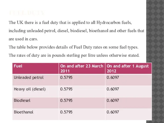 FUEL DUTY The UK there is a fuel duty that is applied