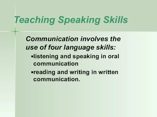 Teaching Speaking Skills Communication involves the use of four language skills: listening